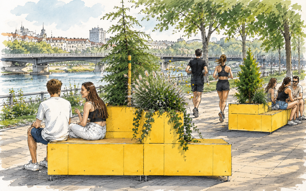 Grafika promująca warsztaty „Active Design w mieście” 13/07, z ilustracją miejskiego bulwaru nad rzeką i żółtymi modułowymi ławkami z zielenią.