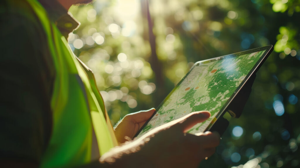 Zbliżenie na osobę trzymającą tablet z wyświetloną mapą cyfrową podczas pracy w lesie. Ekran pokazuje zielone obszary terenu i oznaczenia lokalizacji, a w tle widoczne są rozmyte drzewa oświetlone promieniami słońca. Zdjęcie sugeruje wykorzystanie technologii GIS, nawigacji lub monitorowania środowiska naturalnego.