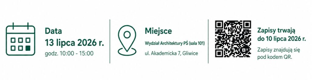 Informacja o warsztatach: 13 lipca 2026 r., godz. 10:00–15:00, Wydział Architektury PŚ, sala 101, ul. Akademicka 7, Gliwice i kod QR do zapisów na warsztaty.